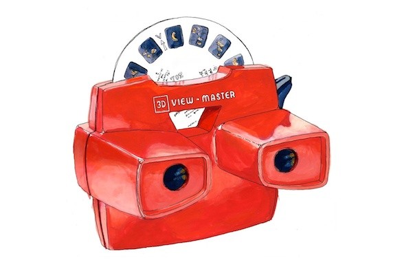 An illustration of a classic red '3D view-master' toy with a white circular reel of image slides inserted into the top.