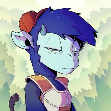 A digital drawing of a blue-skinned character with horns, pointed ears, and purple hair, looking sideways with a neutral expression.
