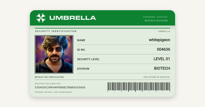 An 'UMBRELLA' security identification card displays a photo of a man with sunglasses, listing the name as 'whitepigeon', ID No. '004636', Security Level 'LEVEL 01', and Division 'BIOTECH'.