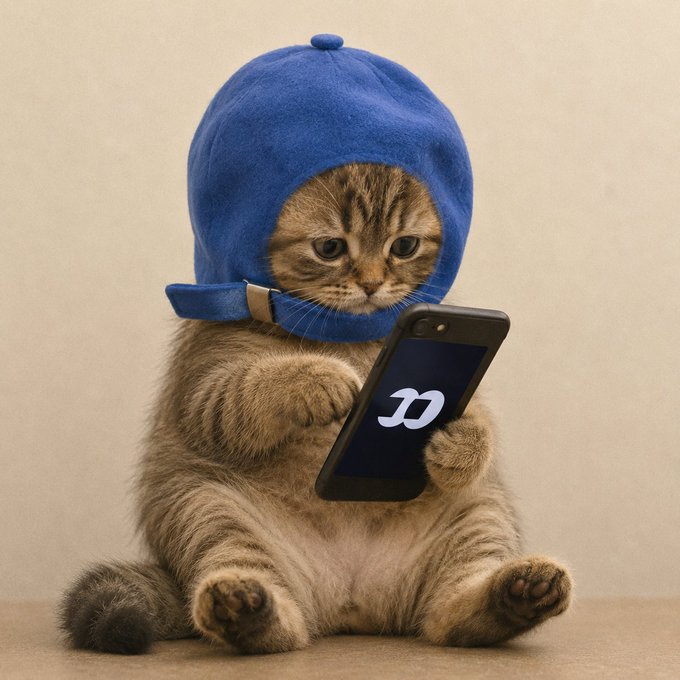 A tabby kitten wearing a blue helmet looks down at a smartphone displaying the Dash cryptocurrency logo, sitting upright on its hind legs.