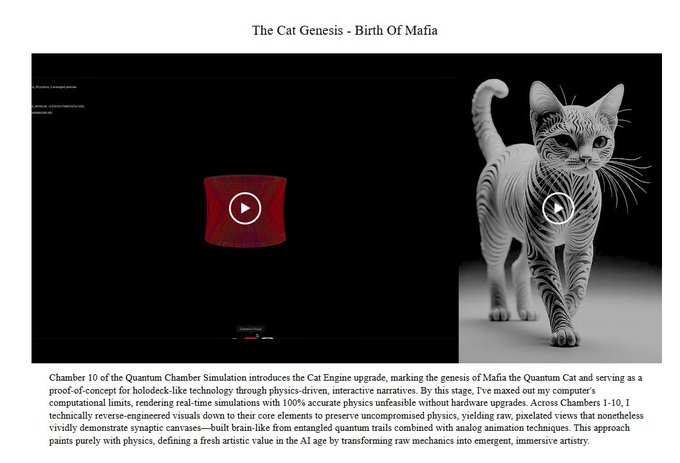 The image displays "The Cat Genesis - Birth Of Mafia," a Quantum Chamber Simulation thumbnail showing a striped cat with a "M" symbol alongside a red play button. The accompanying post mentions "Quantum cat, Musk retweets DcK63VSmkpFRdvNpBh1947QxF7hHud5TbMmhj4REpump," suggesting this is part of a memecoin project called Quantum Cat that received attention via a Musk retweet, with the simulation serving as artistic proof-of-concept for the token's genesis.