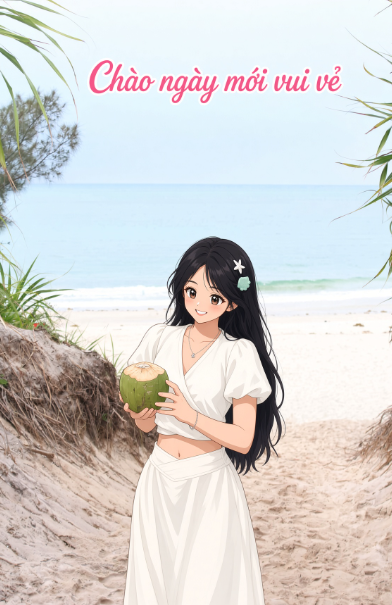 An illustration of a smiling young woman with long black hair, wearing a white wrap outfit and a flower hair accessory, holding a coconut on a beach, with the text 'Chào ngày mới vui vẻ' displayed at the top.