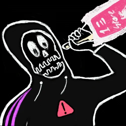 A crude digital drawing depicts a skull-like figure in a black hoodie drinking from a pink juice box labeled 'hi', with a red warning triangle on its chest.