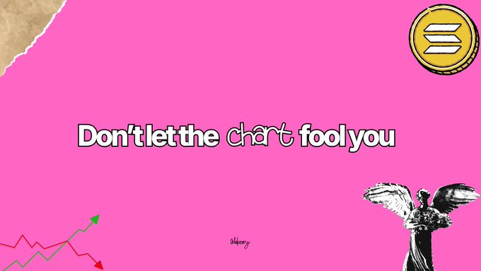 A bright pink graphic design featuring the text 'Don't let the chart fool you' alongside a Solana coin logo, a Statue of Liberty image, and a stock chart illustration with green and red arrows.