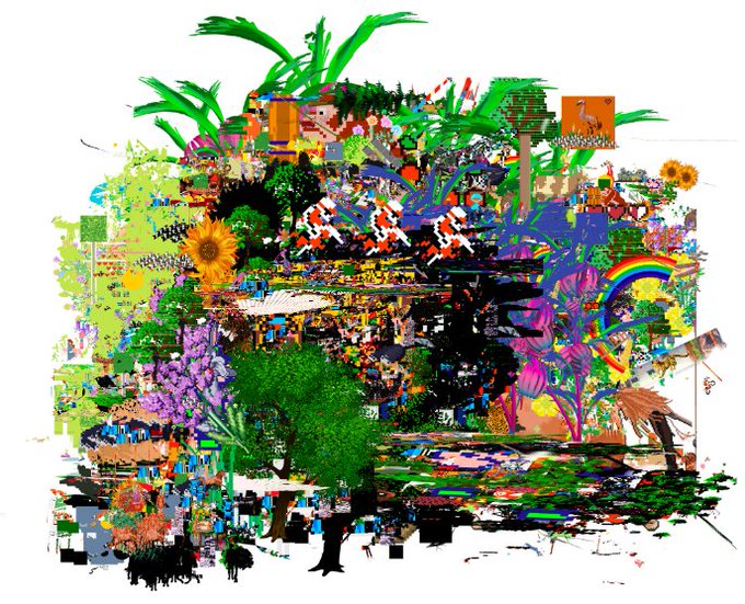 A colorful chaotic collage-style digital artwork featuring trees, plants, flowers, suns, rainbows, and pixelated glitch elements.
