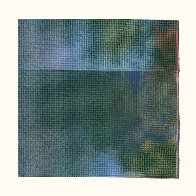 The image features a square canvas with a grid of small squares arranged in rows, creating an abstract art piece. The colors used are predominantly green and blue, giving the artwork a unique and visually striking appearance. The artist's name, Erik Swahn, is also present on the image.