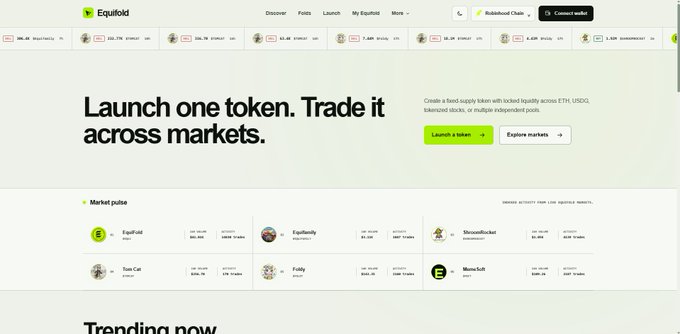 A screenshot of the Equaloid crypto token launch platform website, displaying the headline 'Launch one token. Trade it across markets.' with market pulse data.
