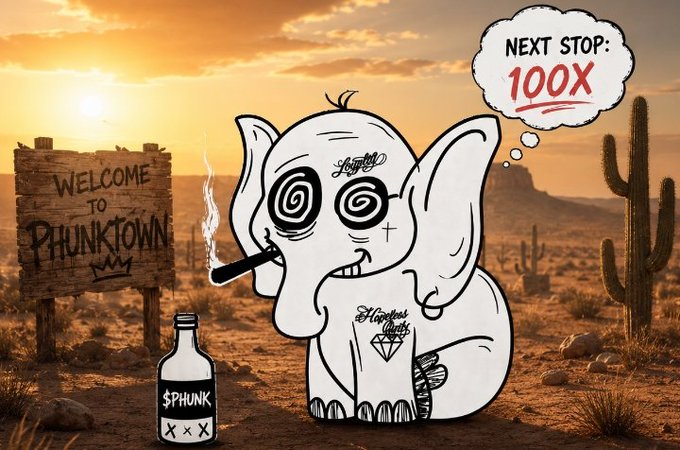 A cartoon “Elephunk” with spiral eyes, tattoos, and a joint stands in a desert beside a bottle marked “$PHUNK,” with signs reading “WELCOME TO PHUNKTOWN” and “NEXT STOP: 100X.” It captures the post’s joke that every crypto bull run makes everyone an overconfident trader, while Elephunk stubbornly sticks to the same degenerate “strategy.”