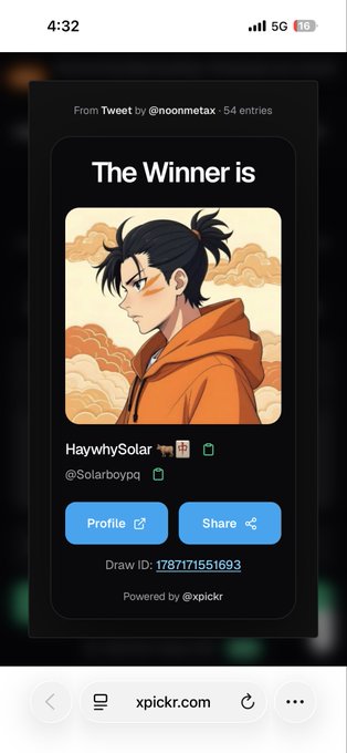 A screenshot of a webpage from xpickr.com announcing "The Winner is" HaywhySolar (@Solarboypq), featuring a profile illustration of a dark-haired anime character in an orange hoodie.