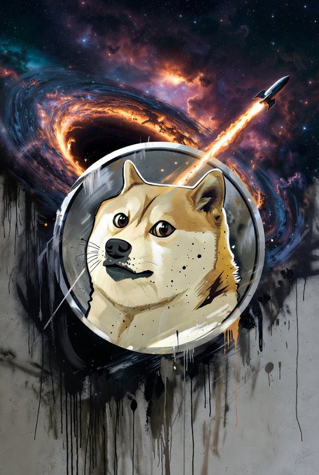 An artistic mural features a Shiba Inu dog inside a circular astronaut helmet, with a rocket flying through a colorful cosmic background above it.