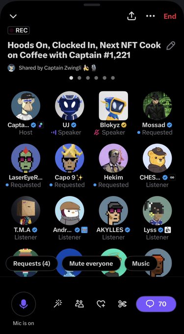 A mobile app interface for a live audio discussion titled 'Hoods On, Clocked In, Next NFT Cook on Coffee with Captain #1,221', shared by Captain Zwingli, showing speaker and listener avatars.