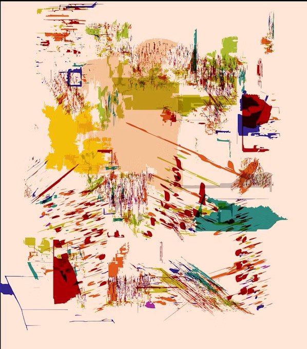 An abstract mixed-media style artwork on a cream background with scattered brushstrokes and color blocks in red, yellow, green, and blue, with faint text elements including what appears to read 'PROPORTION' and 'BY JULIAN SCHNABEL'.