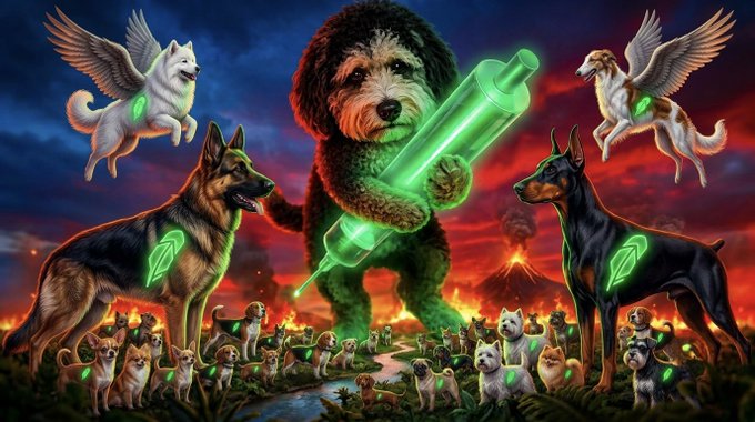 A fluffy black and tan dog wields a glowing green lightsaber while surrounded by an army of dogs, German Shepherds, Dobermans, and winged canines, all set against a fiery apocalyptic landscape—evoking a meme rallying behind the $Alfie token with themes of loyalty and impending takeoff.