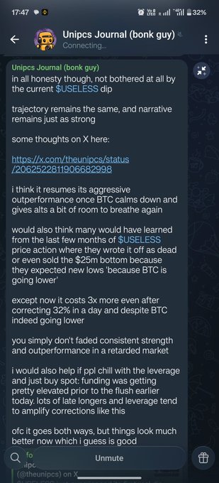 The image shows a cellphone screen with an open text message from someone named @theunipcs, who has blocked another person for dumping $USELESS on the community. The rest of the message seems to focus on a specific example of this behavior.