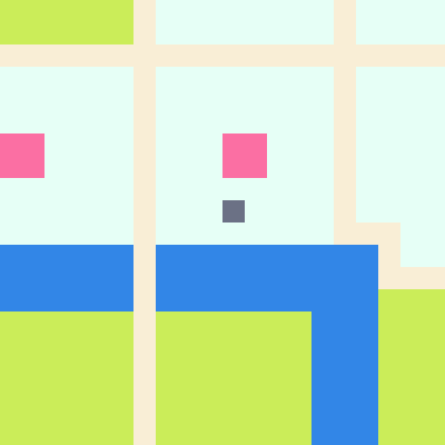 A digital illustration of a blue river with green and white squares, featuring pink and purple squares on the left side.