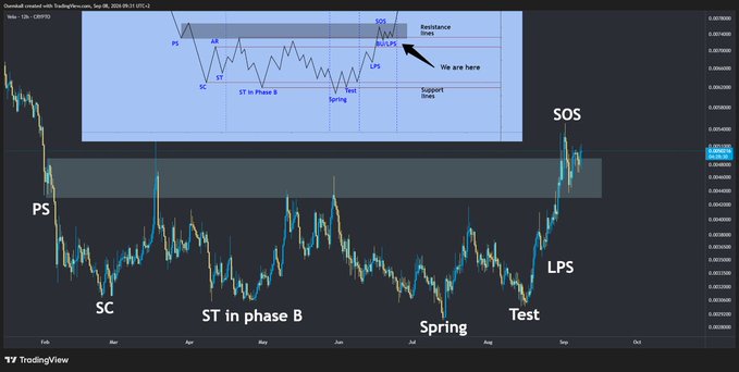 A TradingView chart with annotations labeling market phases including PS, SC, AB, ST in phase B, Spring, Test, LPS, BU-LPS, and SOS, with a note 'We are here'.