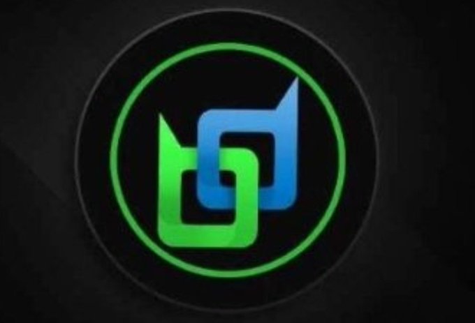 A logo featuring interconnected green and blue geometric shapes inside a circular border on a dark background.