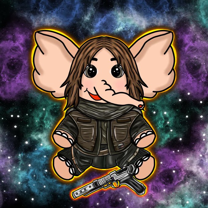 A cartoon illustration of a Gizmo-like Mogwai character from Gremlins, styled with brown hair, a black jacket, and holding a pistol against a colorful space background.