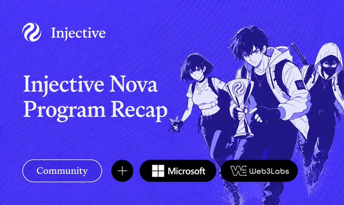 A promotional graphic for Injective Nova Program Recap features anime-style characters and highlights the Community plus Microsoft and Web3Labs partners.
