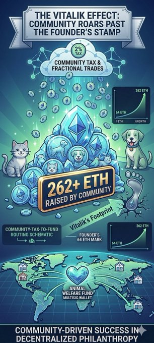 The image features a colorful poster that promotes a charity project called "Virtually Ethereal". The poster includes various illustrations of cats, dogs, and other animals along with a map of the world. It also displays text about the project's goals and how it has been raised by the community. The overall theme of the poster is to encourage people to support the project in order to help those in need and promote harmony between humans and nature through continuous transactions and donations.