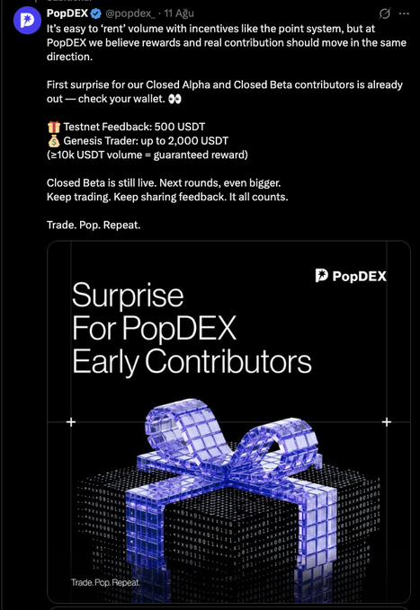 PopDEX tweet announcing that closed alpha and beta contributors can claim a "Testnet Feedback" reward of 500 USDT and a "Genesis Trader" reward up to 2,000 USDT (with ≥10k USDT volume guaranteeing the reward), promoted alongside a referral link for early-stage perp DEX access.