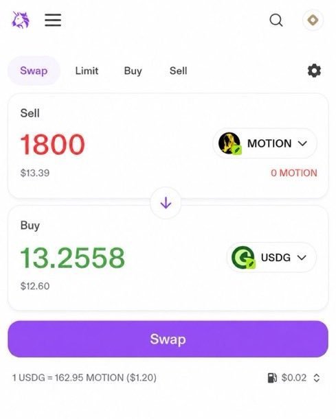 A cryptocurrency swap interface showing the sale of 1800 MOTION ($13.39) to purchase 13.2558 USDG ($12.60), with a rate of 1 USDG = 162.95 MOTION.
