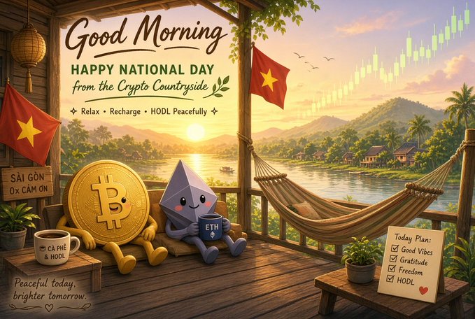 A cheerful 'Good Morning' greeting illustration celebrating Vietnam's National Day, featuring anthropomorphized Bitcoin and Ethereum coins relaxing on a wooden porch by a river with Vietnamese flags, alongside a checklist reading 'Good Vibes, Gratitude, Freedom, HODL'.