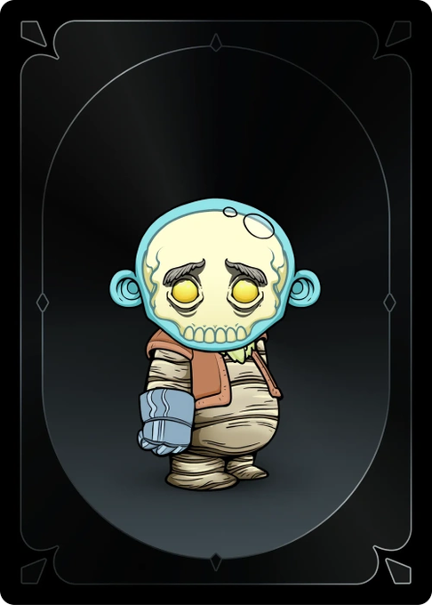 A cartoon-style illustration shows a small, mummy-wrapped creature with a large blue skull-like head and glowing yellow eyes, holding a small blue object.