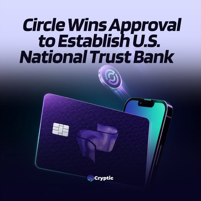 A promotional graphic with the headline "Circle Wins Approval to Establish U.S. National Trust Bank," featuring a glowing USDC coin, a purple credit card, and a smartphone, illustrating Circle's newly granted OCC approval to launch Circle National Trust as a federally regulated U.S. bank.