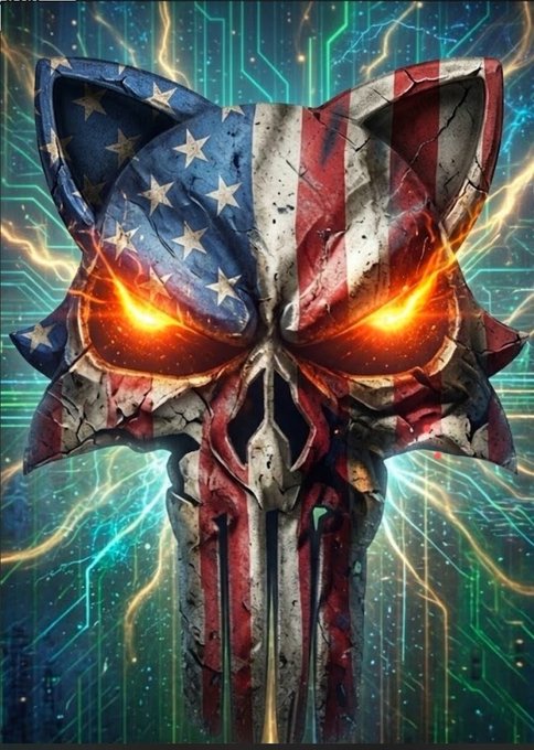 A digital artwork of a fierce skull-like mask painted with the American flag pattern, featuring glowing orange eyes and set against a background of glowing green circuit board lines.