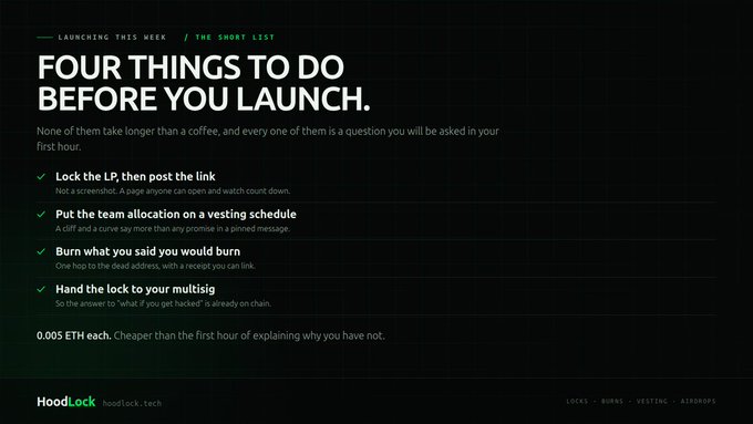 A dark-themed informational graphic titled 'FOUR THINGS TO DO BEFORE YOU LAUNCH' from HoodLock (hoodlock.tech) listing tips like locking LP, scheduling allocations, and burning tokens for 0.005 ETH each.