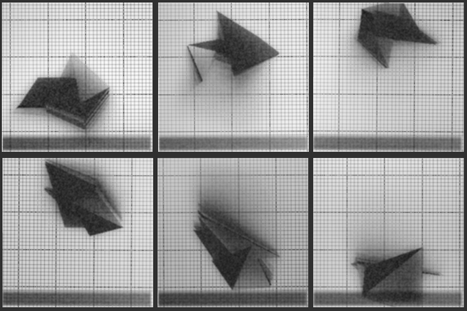 A 2x3 grid of grayscale shadow/shadow projection images showing various angular geometric shapes casting triangular shadows on graph paper backgrounds.