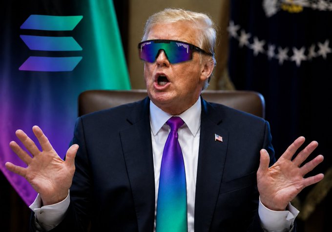 The image shows a figure resembling Donald Trump wearing a dark suit, purple tie, and reflective sunglasses, gesturing with both hands raised, overlaid with the Solana logo in the corner. The post humorously suggests that Solana, personified by co-founder Anatoly "Toly" Yakovenko, will dominate crypto so thoroughly that users will beg for the winning to stop. The meme combines Trump's well-known "winning" rhetoric with Solana's branding, framing SOL as the inevitable victor in the crypto space.