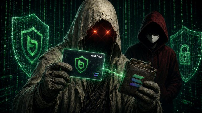 Two hooded figures with glowing red eyes stand before a green digital matrix background, with shield and lock icons on either side. The central figure holds a glowing card labeled 'BELDEX' and a wallet displaying a green and purple logo.