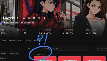 The image shows a website's mint page for a collection called "Hazels" featuring anime-style female characters, displaying a current price of 0.025 ETH with a total volume of 0.43 ETH, while a user has circled the "0.43 ETH" total volume figure with a drawn blue marker, likely to highlight the trading activity despite the removal of the mint counter. The "?" annotation suggests skepticism about the claimed burn of 4,800 NFTs given the low trading volume visible on the page.