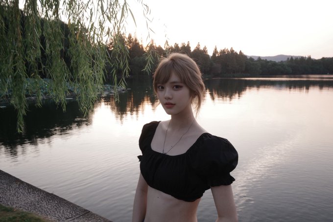 A young woman wearing a black puff-sleeve crop top stands near a lake at sunset, framed by willow tree branches.