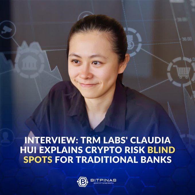 A news thumbnail from Bitpinas featuring a smiling young woman in a dark shirt against a blue tech-themed background with blockchain icons, captioned 'INTERVIEW: TRM LABS' CLAUDIA HUI EXPLAINS CRYPTO RISK BLIND SPOTS FOR TRADITIONAL BANKS'.