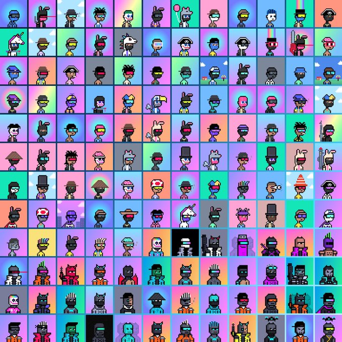 A grid of colorful pixel-art characters featuring various styles, accessories, and animals displayed in a multi-row layout with gradient backgrounds.