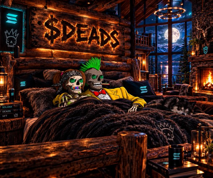 Two skeletons sit in a bed inside a cozy log cabin; the male skeleton has a green mohawk and wears a yellow suit jacket, while the female skeleton wears a bandana. A glowing sign above them reads '$DEADS', with candles and pillows bearing a blue logo throughout the scene.