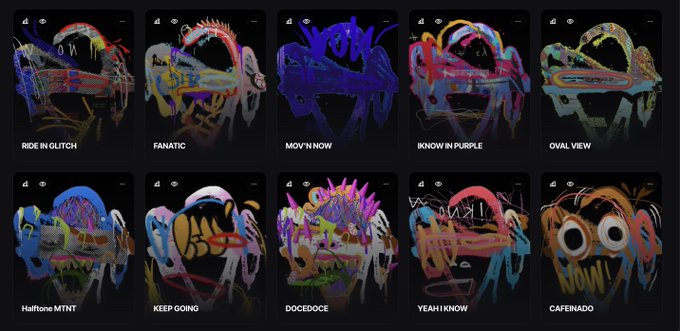 A gallery of ten colorful, graffiti-style NFT artworks with titles such as 'RIDE IN GLITCH', 'FANATIC', 'MOV'N NOW', 'IKNOW IN PURPLE', 'OVAL VIEW', 'Halftone MTRT', 'KEEP GOING', 'DOCEDOCE', 'YEAH IKNOW', and 'CAFENADO'.