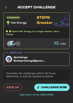 The image shows a phone screen displaying an acceptance challenge for a sneaker game. The challenge requires players to use energy from a single session, which means they must complete the challenge within 24 hours or else their progress will be marked as failed. The player's name is displayed on the screen along with the challenge details and instructions.