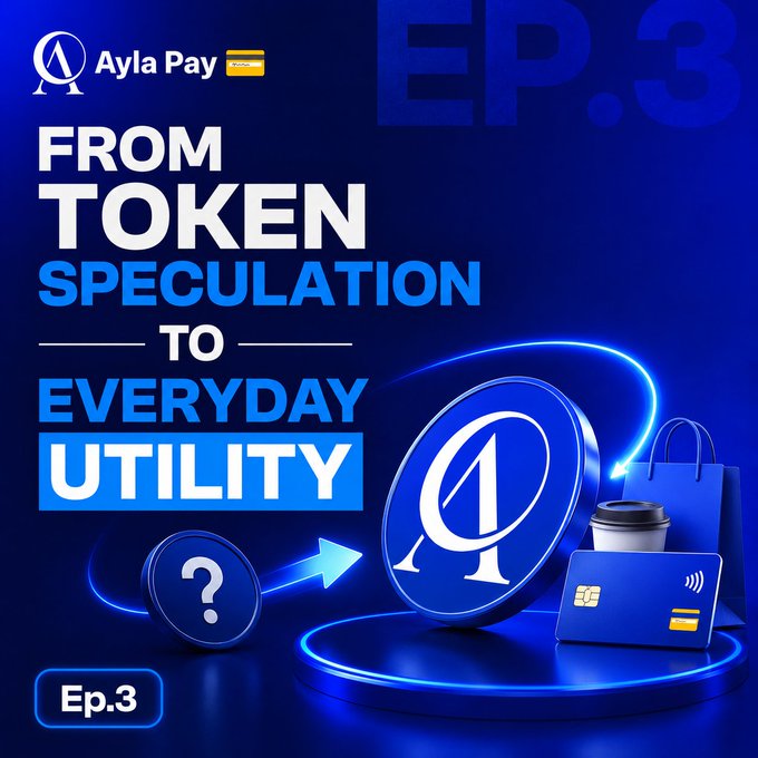 A promotional graphic for 'Ayla Pay Ep.3' with the text 'FROM TOKEN SPECULATION TO EVERYDAY UTILITY,' featuring a large blue coin with an 'A' logo alongside a shopping bag, coffee cup, and credit card.