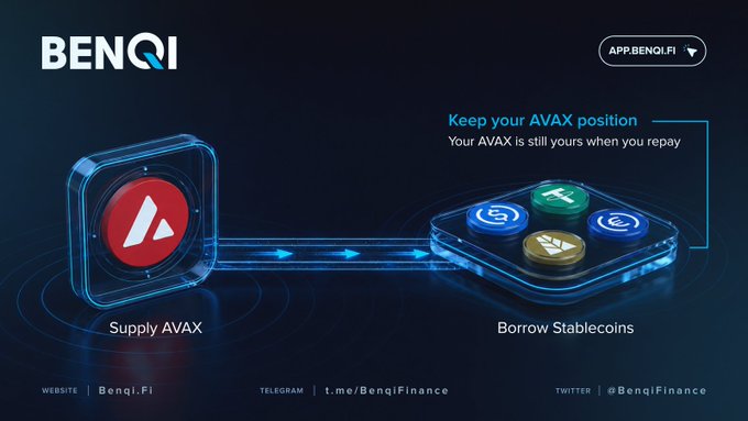 A promotional banner for Benqi.fi showing users can supply AVAX to obtain stablecoins while keeping their AVAX position, linking to app.benq.fi.