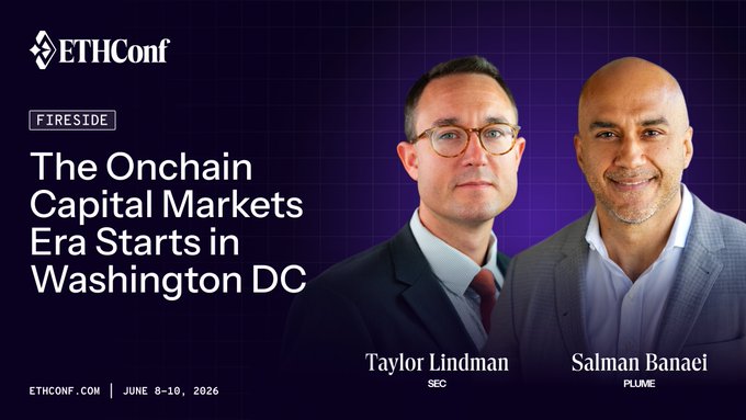 The image features a poster for an event titled "The Onchain Capital Markets Era Starts in Washington DC" featuring two men wearing suits against a purple background with white text. The poster also includes the names of speakers, Taylor Lindman and Saliman Banael, as well as the date and time of the event.