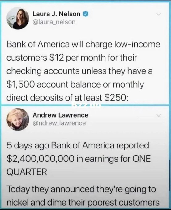 The image contains two posts related to the topic of bank fees, specifically for low-balance customers who need a direct deposit at least $250 every month. The first post warns that banks will charge a fee if your account balance doesn't reach $12,000 and questions the fairness of such a fee. The second post appears to be an opposing viewpoint by stating that banks have been running this scam for a very long time and use the fees to generate more revenue from poor customers. The posts are related to each other because they discuss the issue with banks charging fees based on account balance, providing contrasting perspectives.