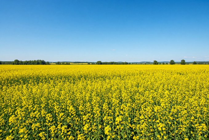A vibrant yellow field of flowers, likely rapeseed, stretches across the landscape under a clear blue sky.