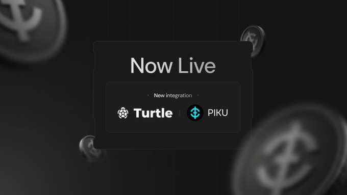 A promotional graphic announcing a "Now Live" new integration between Turtle and PIKU, featuring their logos on a dark background with stylized coin imagery. The image visually reinforces the announcement of Turtle's partnership with Piku Finance for a StockMarketTRBasisTrade Vault on Ethereum, offering ~15% net USD target returns with ~7.6% in PIKU plus an exclusive multiplier.