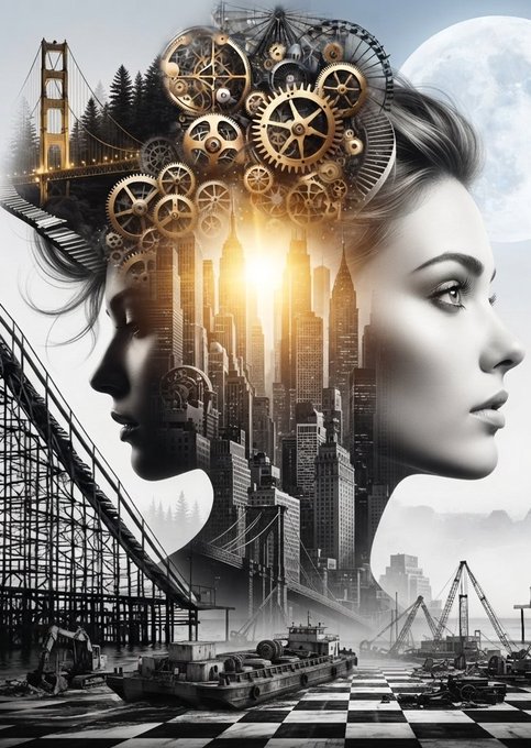 A surreal double-exposure portrait shows two women's faces merging with the Golden Gate Bridge, city skyscrapers, and intricate clockwork gears, all set against a full moon and grounded by construction cranes and a tugboat on a checkered base.

The image's mechanical gears, bridge construction, and industrial elements visually echo the post's "Tezos Tuesday" theme, symbolizing the building and engineering behind the Tezos blockchain network.