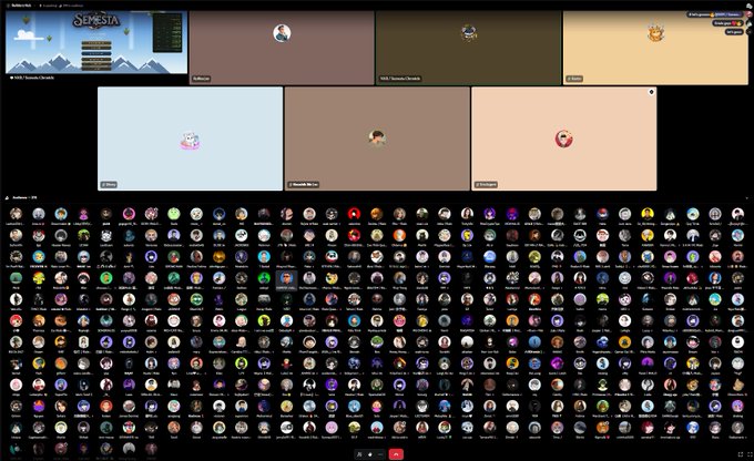 A wide screenshot of a video conference call, likely Discord, featuring the text "Semesta" at the top, showing a few active speakers and a large grid of audience member avatars below.