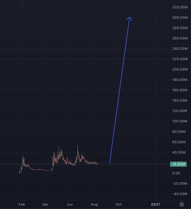 A candlestick chart showing PEPE's price action throughout 2024, displaying extended sideways consolidation between February and August around the 16.92M level before an explosive parabolic rally to approximately 300M by October, visually illustrating the "painfully boring" accumulation phase followed by the breakout that left most of Crypto Twitter sidelined.